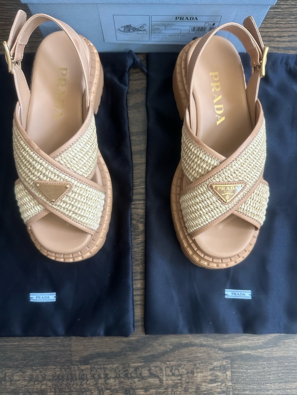 Prada Cream and Tan Raffia Platform Sandals - new in box - Picture 8 of 15